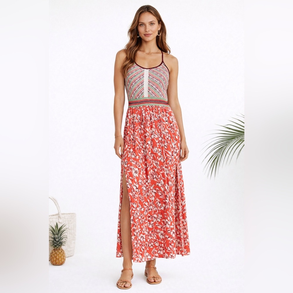 Coral Tropical Maxi Dress Smocked Back Embroidered Resortwear Side Slits Sz M